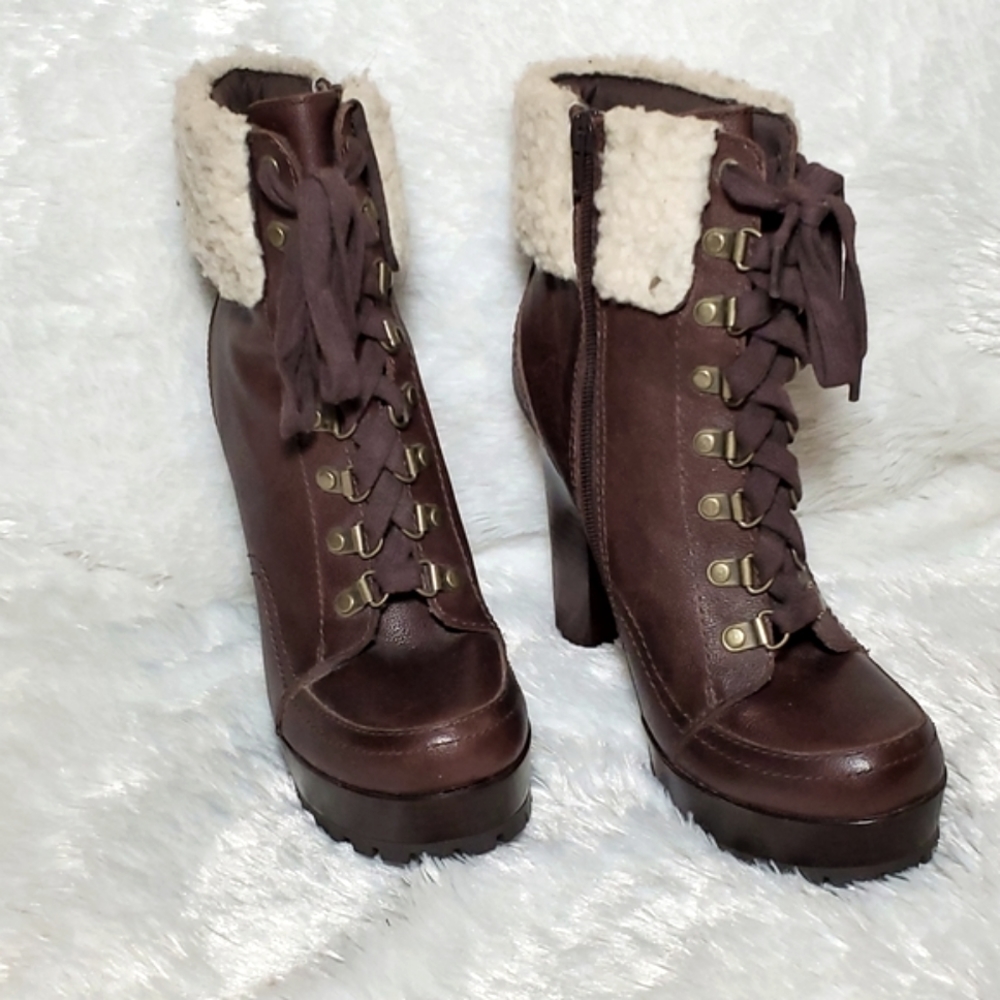 Chic BP Platform High-Heeled Boots Size 8 - Dark Brown with Cozy Sherpa Trim